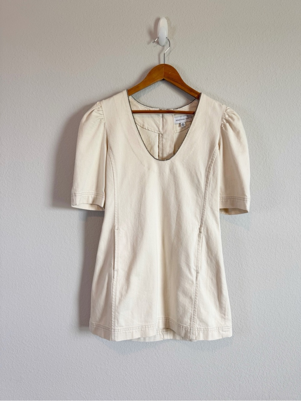 Something Navy Beige Spencer Denim Embellished Puff Sleeve Mini Dress Size M - Picture 2 of 10